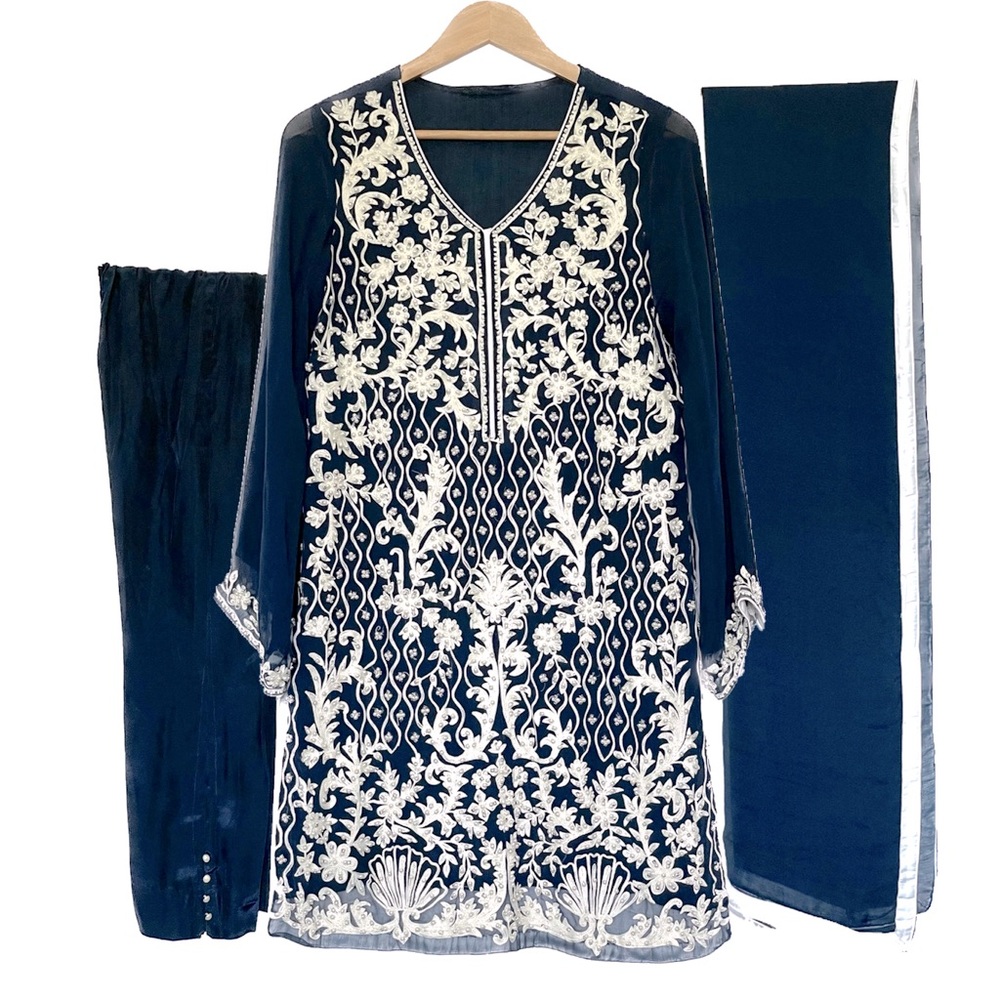 3 Piece Navy Blue Pearl Suit with Pants and Dupatta
